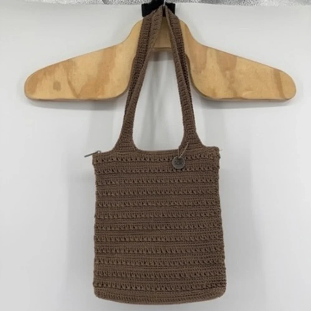 The Sak Brown Crochet Shoulder Bag Zipper Tote Textured Knit Boho Handbag